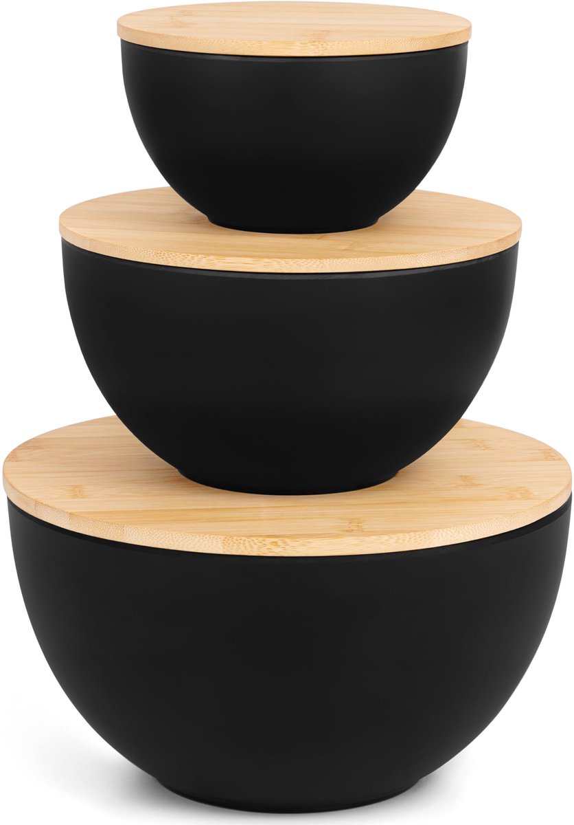 Dailygoods- Saladekom Grote Set (3 Stuks) - Voedselveilige Plastic - Bamboe Deksels - Serveer Kommen - Elegant Ontwerp - Geschikt voor Salades - Serveerkom