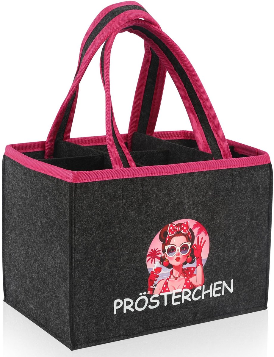 Dailygoods- Flessenmand Grappig Design - Flessendrager voor 6 Flessen - Flessentas van Vilt - Roze Cadeau - Afneembaar Binnenvak - Perfect voor Feestjes