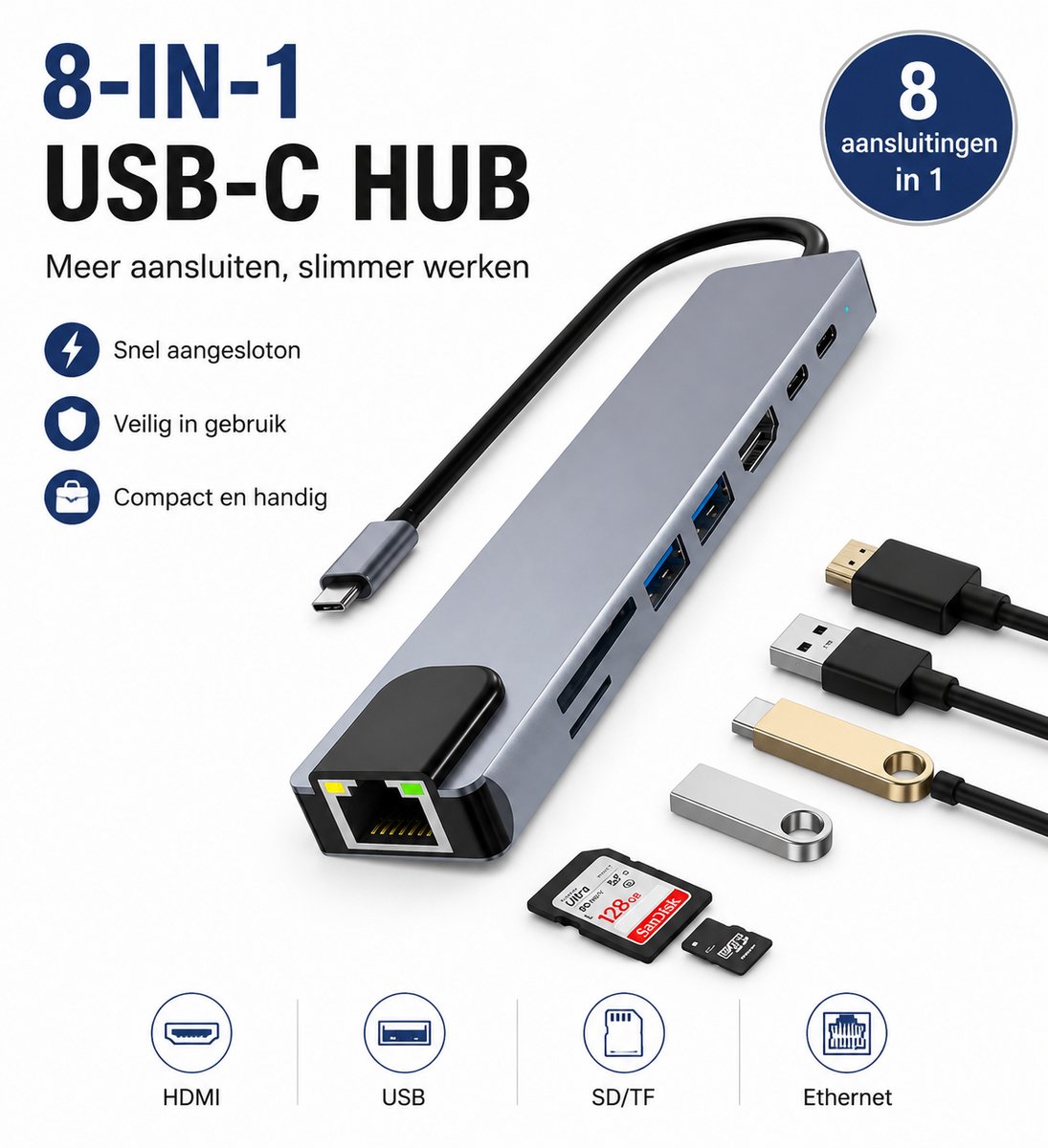 USB-C Hub 8-in-1 - USB C Docking Station voor Laptop - USB Splitter en Multiport Adapter - 4K HDMI - USB 3.0 - Ethernet - SD/TF Kaartlezer - USB-C PD - 20 cm Kabel