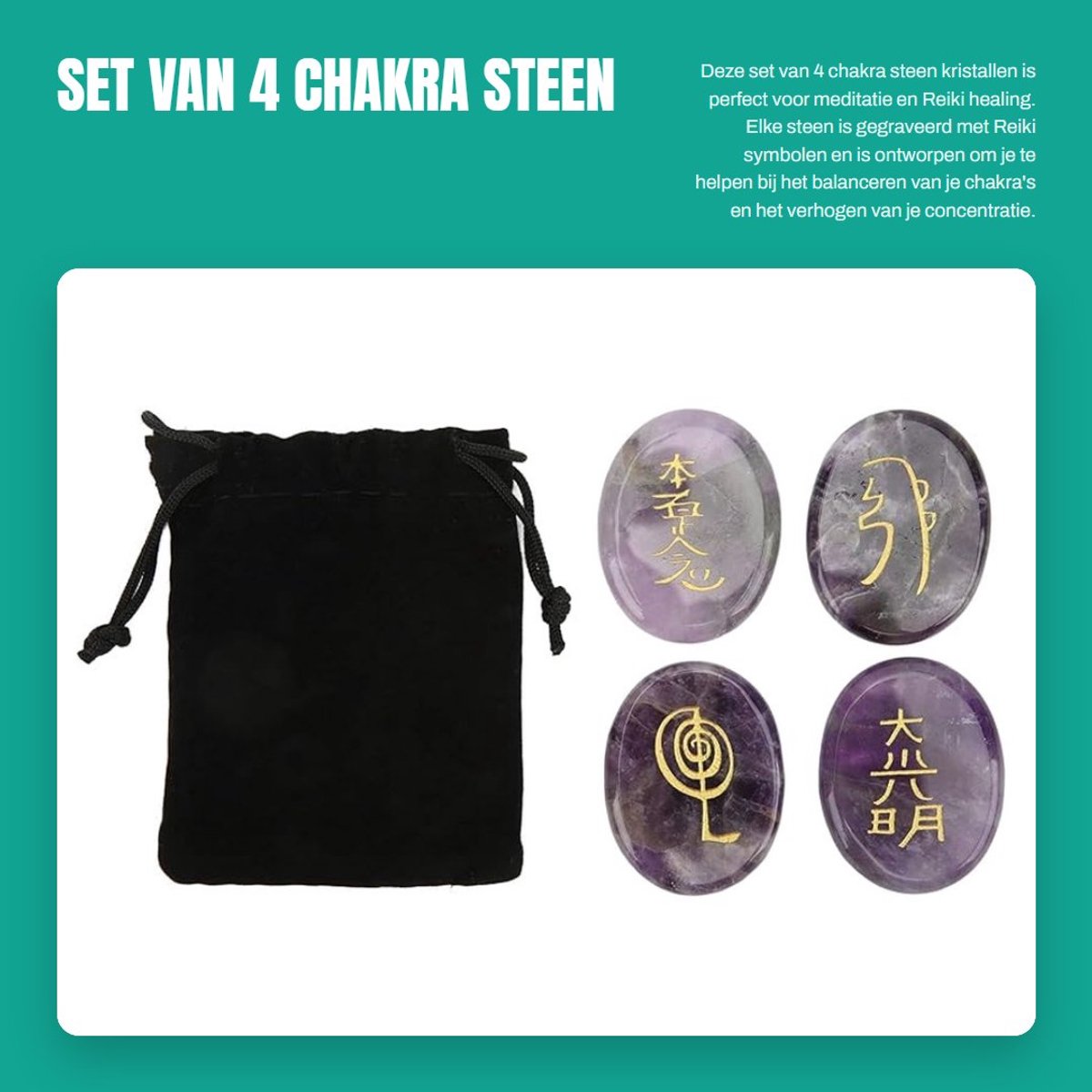Solidchoice- Chakra Steen Set - 4 Stuks - Natuurlijke Reiki Healing Kristallen - Gegraveerde Symbolen - Meditatie - Fluwelen Zakje - Healing Crystals