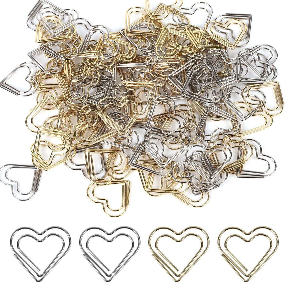 Solidchoice - 100 stuks KTPCN hartvormige gouden en zilveren paperclips, metalen paperclips met motief, kleine paperclips papierklemmen voor aktenklem, klaslokaal, kantoor, papier