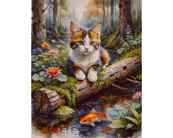 Borduurpakket Voorbedrukt - Kruissteek - Schattige Poes met Goudvis - 14CT - 35x45 cm