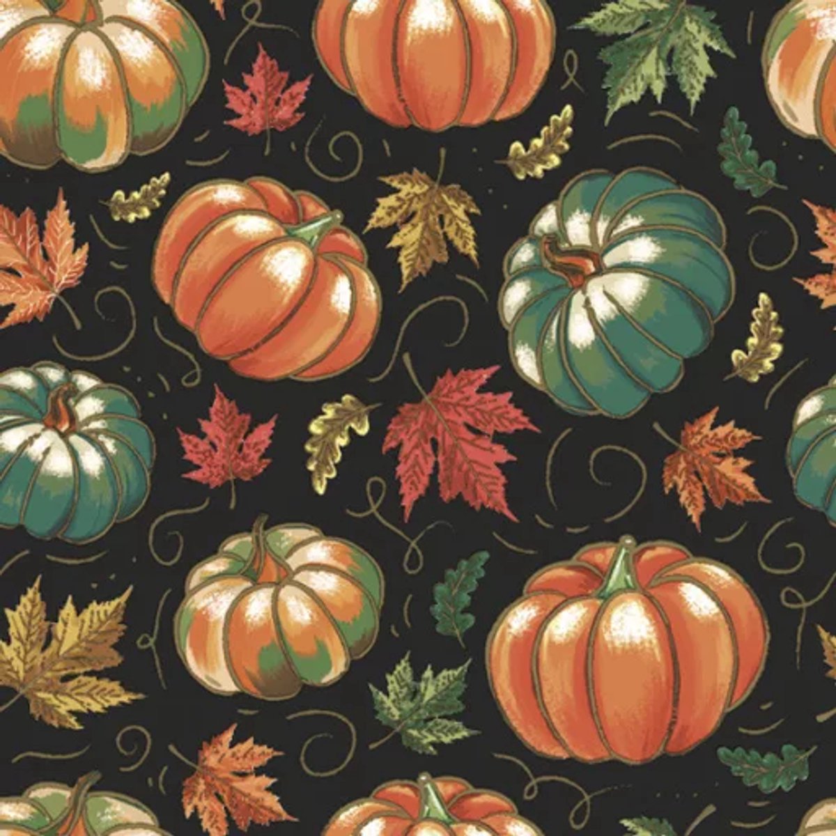 40 Servetten - Pompoen - Blad - Pumpkins with Maple Leaves - Op een zwarte achtergrond - Oranje - Groen - Goud - Blauw - 33 x 33 cm - 3-Laags - Maki