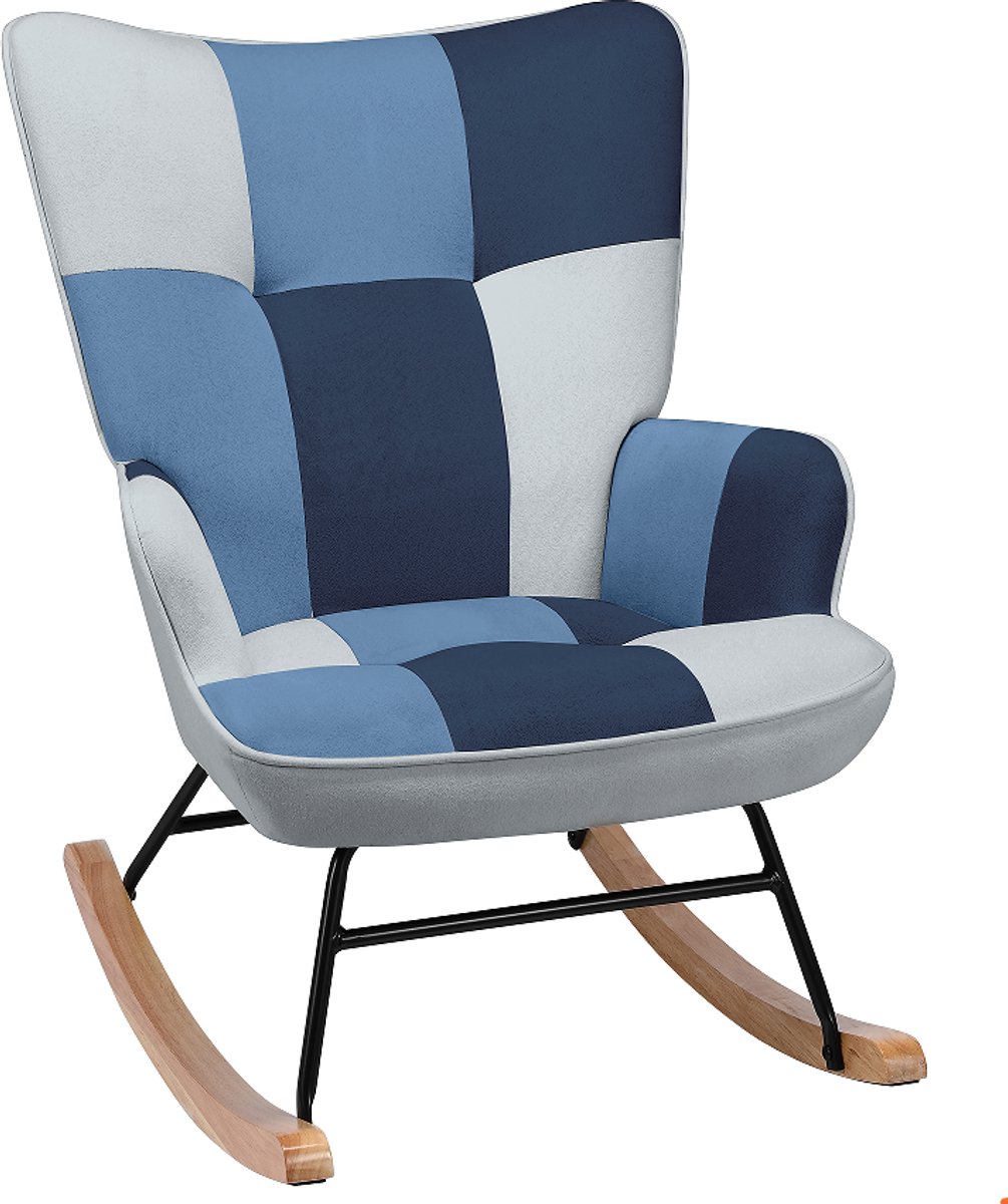 HomeMiYN Schommelstoel – Fluwelen Patchwork Design – Blauwe Comfortabele Fauteuil – Hoge Rugleuning Wipstoel voor Woonkamer en Slaapkamer
