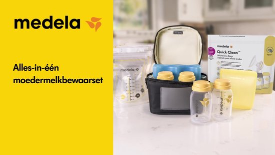 Medela Alles-in-één Moedermelkbewaarset - 150 ml flesjes, Moedermelkbewaarzakjes met Schenktuit, Herbruikbare Bewaarzakje, Quick Clean™ Sterilisatiezakje en Koeltas met koelelement