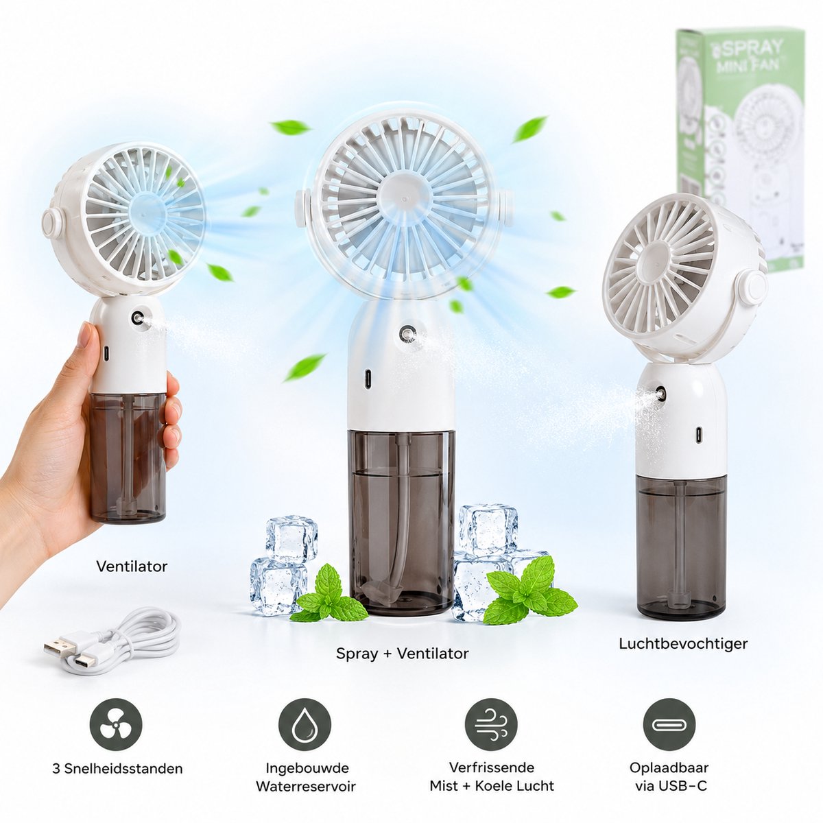 Litalife Handventilator met Waternevelfunctie - Ingebouwde Luchtontvochtiger - Draagbaar - USB-C Oplaadbaar - Wit