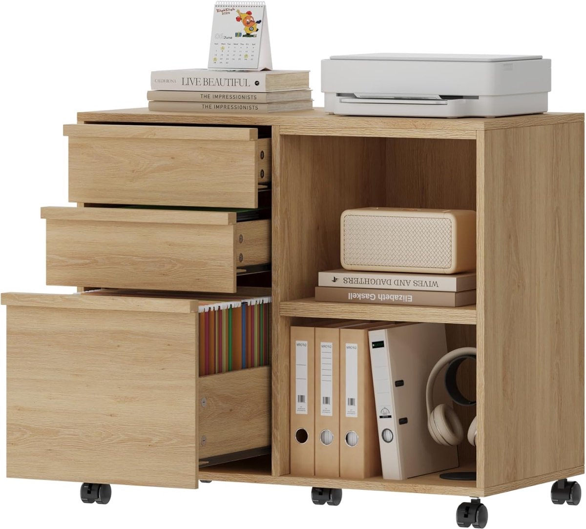 HOERFURIY Verrijdbare houten archiefkast natuurlijke houtkleur met 3 laden en open opbergplanken, printerstandaard op wieltjes voor A4/Letter mappen, afmeting 78 x 40 x 65cm voor thuiskantoor