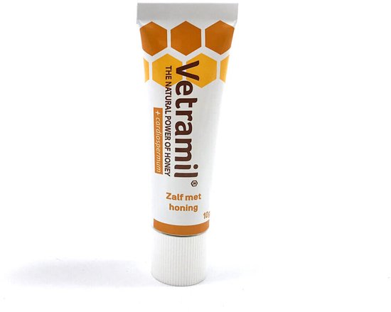 Gele tube Vetramil zalf met honing, 10 gram, met honingraatpatroon.
