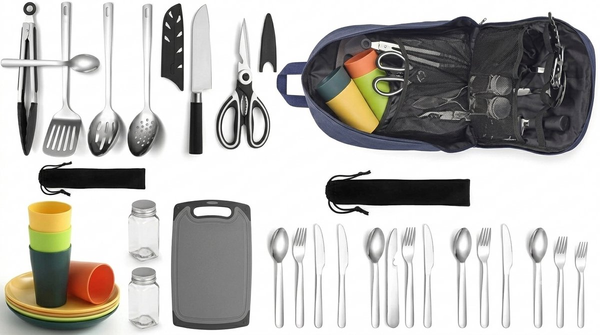 Complete Camping Kookgerei Set – 23-delig BBQ Kookgerei & Bestekset voor 4 Personen, RVS Kookgerei met Snijplank, Flesopener & Kruidenflessen – Draagbaar Outdoor Servies voor Kamperen, Picknick & BBQ