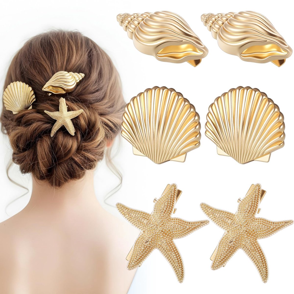 Dailygoods- Haarspelden 6 stuks - Gouden Oceaan Design - Metalen Krokodillenclips - Geschikt voor Alle Haartypes - Perfect voor Strandfeesten - Afmetingen: Schelp 4,5 x 2,1 cm - Haaraccessoires