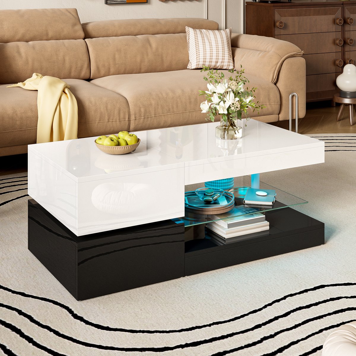 DESMIU Salontafel - Led Verlichting Met App En Bluetooth - Modern Voor Woonkamer En Sfeervolle Avonden - Hoogglans Spaanplaat - 90x45x35,5 Cm - Zwart Wit