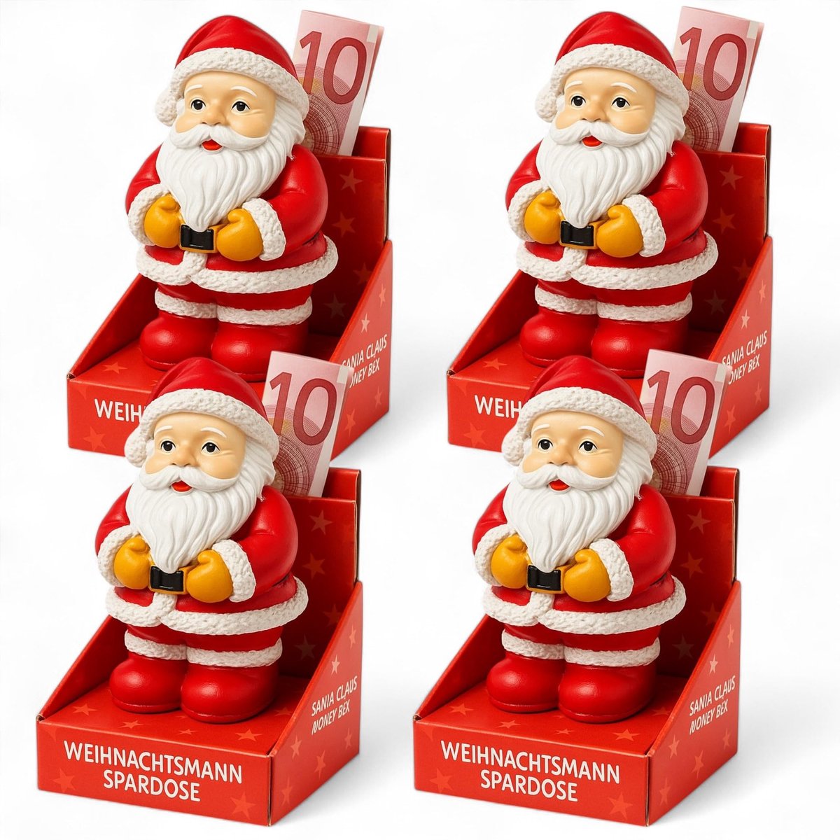 Dailygoods- Geldgeschenkverpakking 4-delig - Handbeschilderde kerstman - Origineel cadeau-idee - Robuuste kunststeen - 6,5 cm hoog - Feestelijke verpakking - Cadeauverpakking