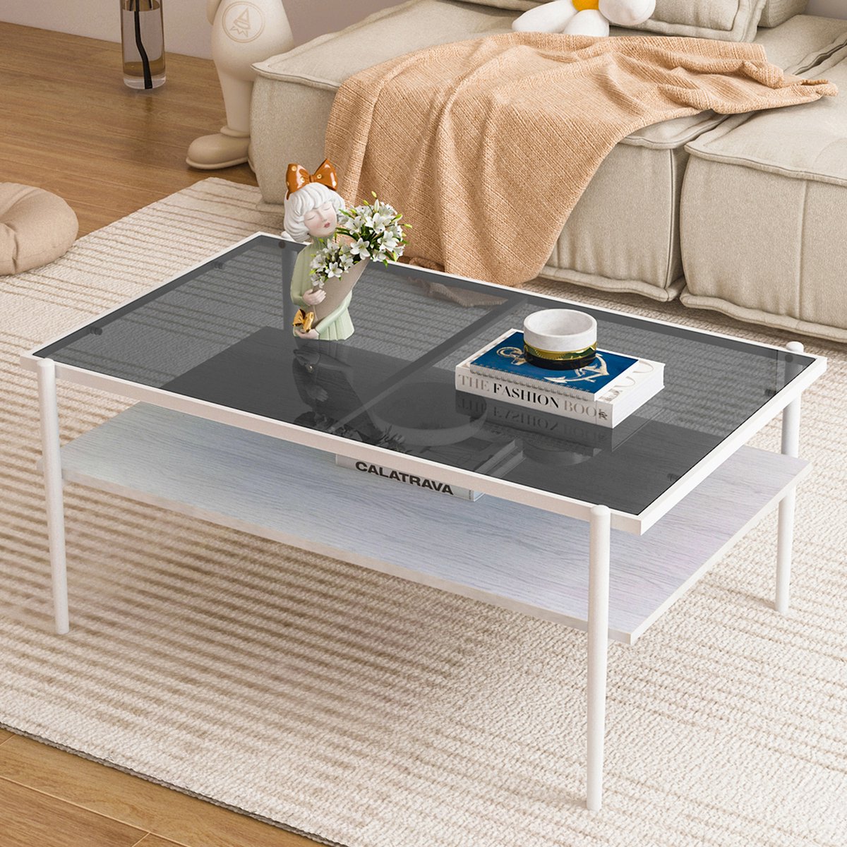DESMIU Salontafel - Gehard Glas Met Stevig Onderstel En Opbergruimte - Voor Woonkamer En Interieur - MDF En Glas - Grijs En Wit - 97,5 x 61,5 x 45 Cm