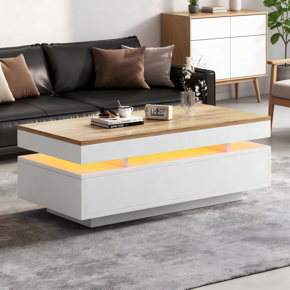 DESMIU Salontafel - Hoogglans Led Met 2 Laden - Voor Woonkamer En Kleine Ruimtes - Spaanplaat - Wit En Houttint - 100 X 50 X 35 Cm