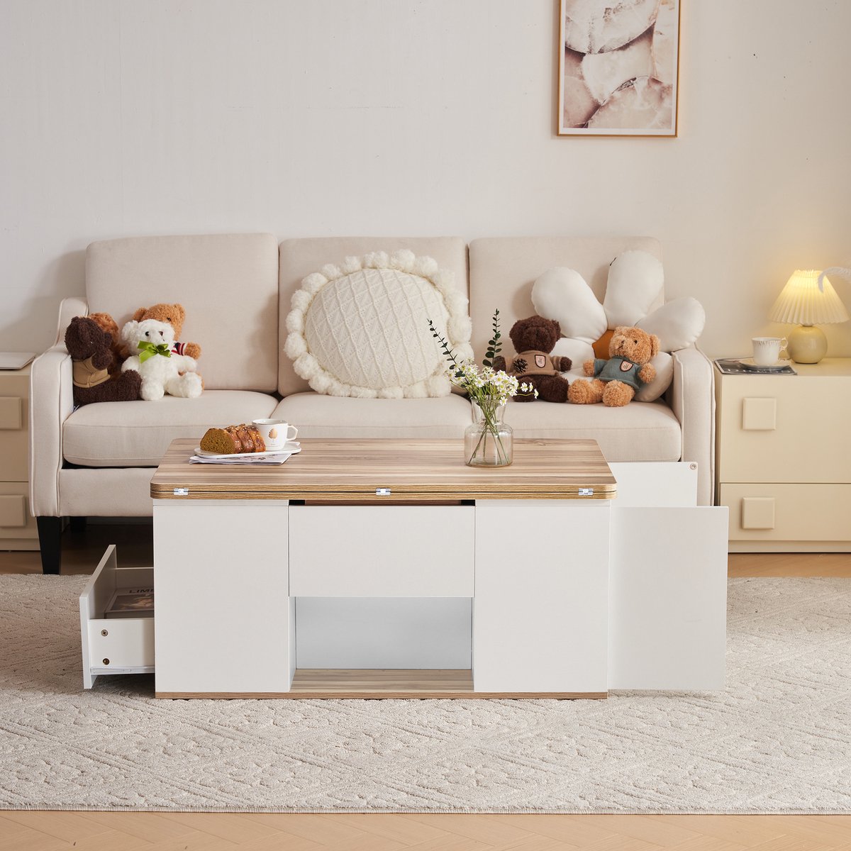 DESMIU Salontafel - Verstelbaar 2 In 1 Design Met Opbergruimte - Voor Woonkamer En Bureau - Spaanplaat - Wit En Natuurlijk Hout - 100x51x47 Cm