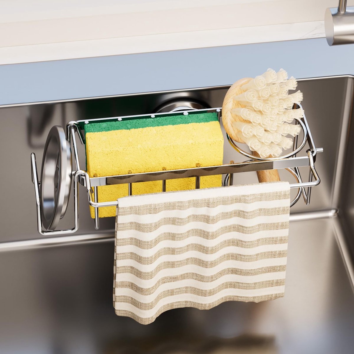 Dailygoods- Sponshouder 4-in-1 - Sterke Zuignap - Keukenopslag - Vaatdoek/Borstel/Stop - Waterdicht - Duurzaam TPE-materiaal - Gootsteencaddy