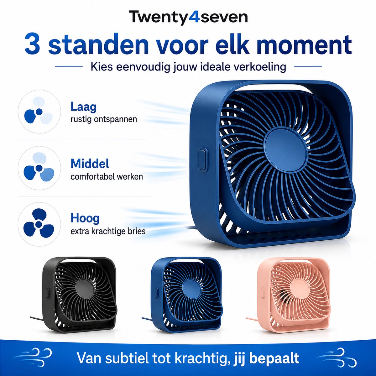 Twenty4seven® Mini Tafelventilator - Ventilator Oplaadbaar - Handventilator Zwart - Vloerventilator met 3 Standen — afbeelding 8