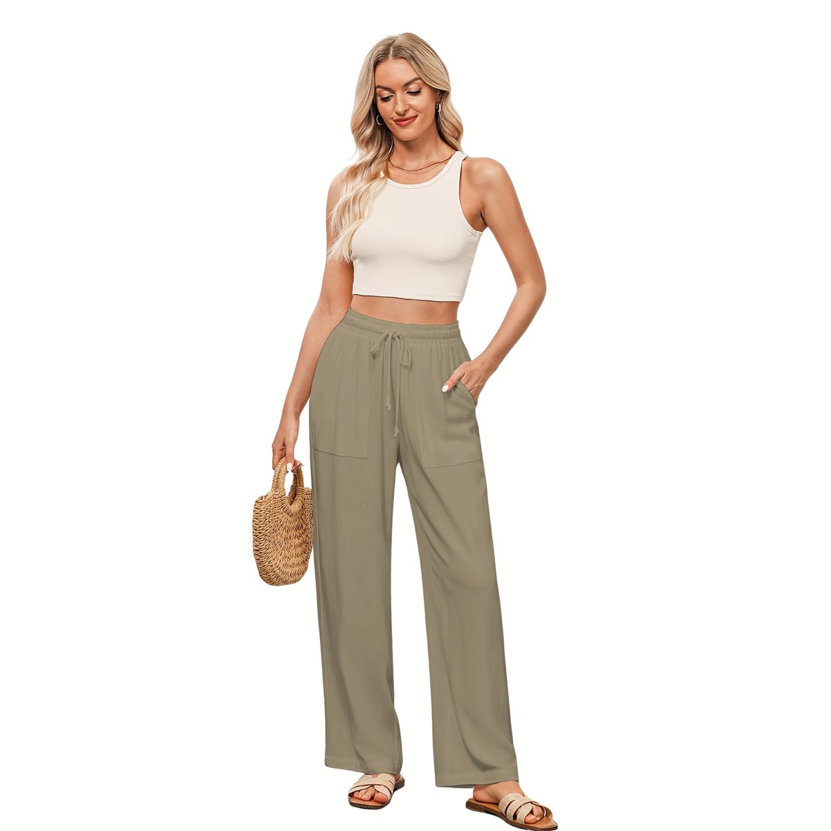 Currero Linnen Broek Dames Zomerbroek Volwassenen Lange Broek Pantalon Strandbroek Zomer Ibiza Stijl Khaki