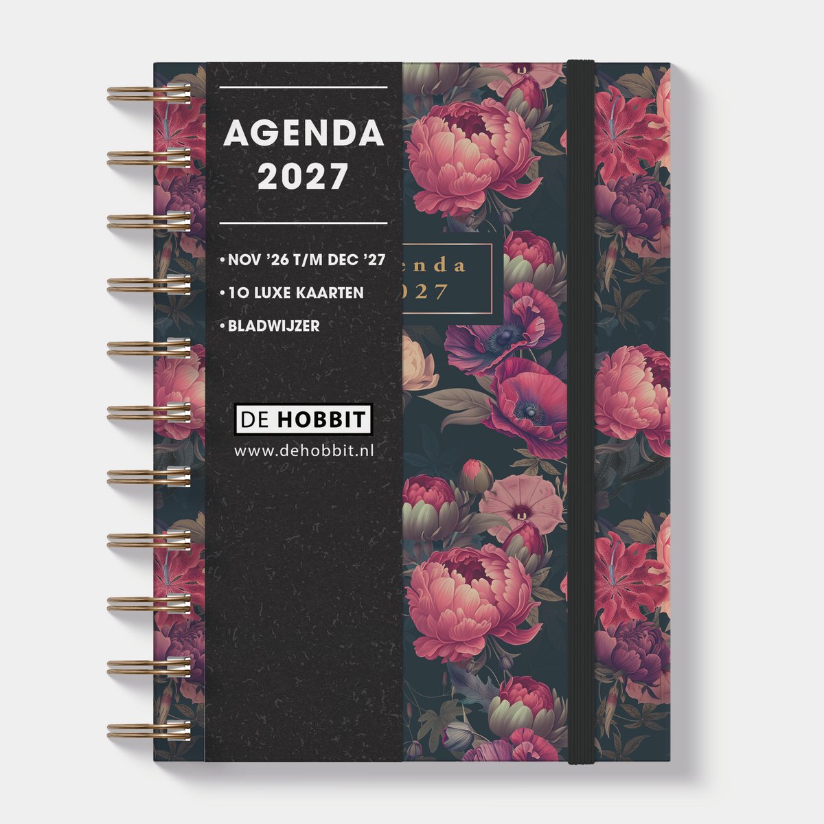 Hobbit - Ringband Agenda 2027 - Agenda A6 (14,8 x 11 cm) - Spiraal Agenda - 1 week op 2 pagina's - Harde Kaft - Klassieke Rozen
