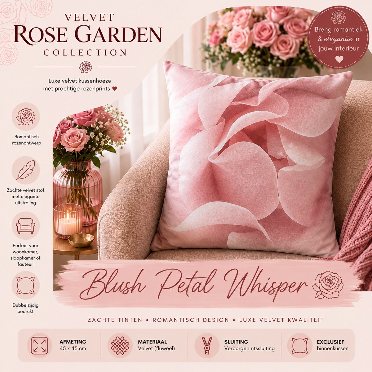 Velvet Rose Garden Collection kussenhoes - rozen - 45x45 cm
