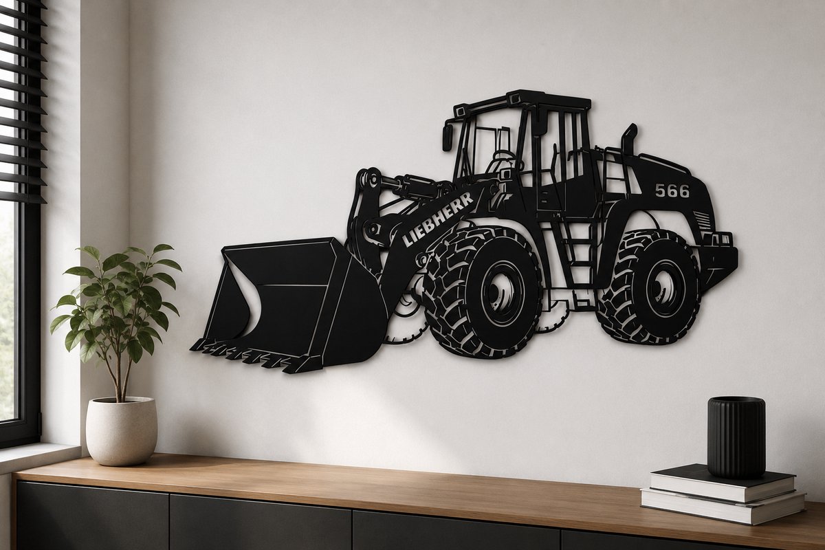 Liebherr 566 Shovel Wanddecoratie | Zwart MDF Wandbord | Bouwmachine Decoratie | Cadeau voor Machinist | Industriële Wandkunst | 75 cm
