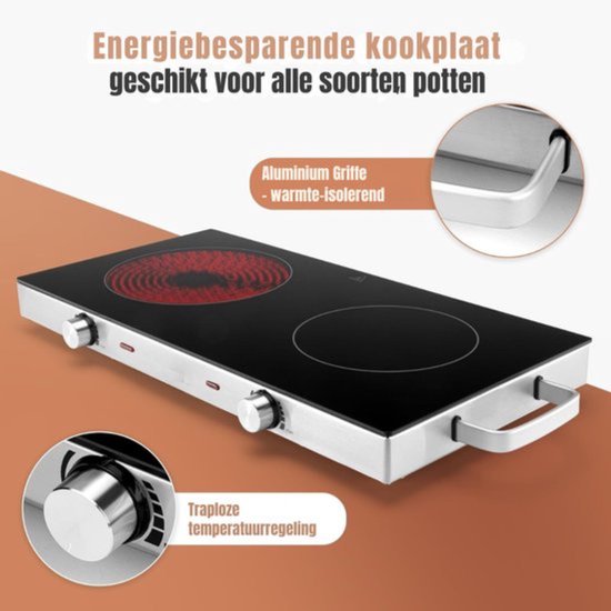 Thuys - Elektrische Kookplaat 2 Pits Zilver - 2800W - Infrarood Kookzones - Traploze Temperatuurregeling - Keramisch Krasbestendig van Thuys — afbeelding 5
