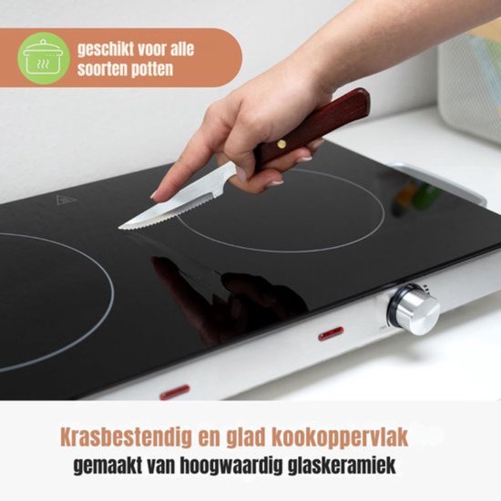 Thuys - Elektrische Kookplaat 2 Pits Zilver - 2800W - Infrarood Kookzones - Traploze Temperatuurregeling - Keramisch Krasbestendig van Thuys — afbeelding 3