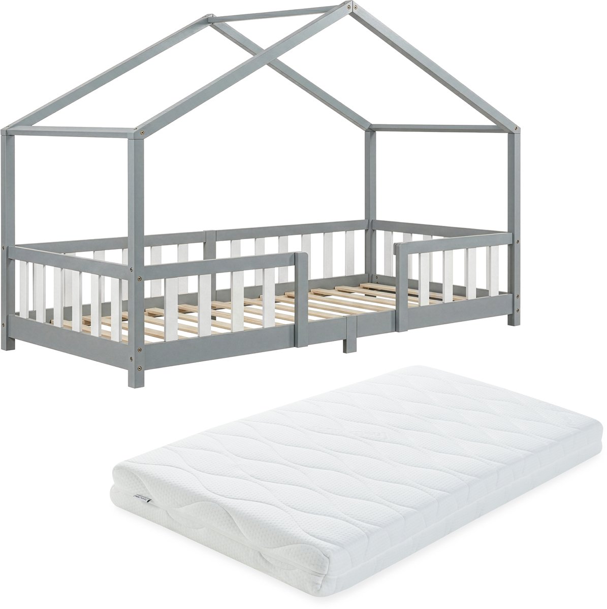 Kinderbed Treviolo met uitvalbeveiliging en matras 90x200 lichtgrijs en wit [en.casa]