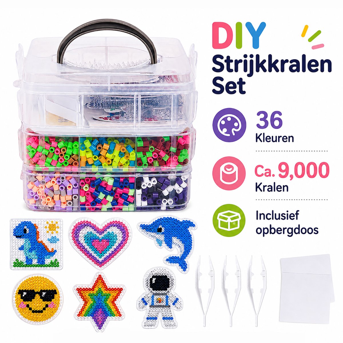 Topmelon Strijkkralen - Strijkparels - strijkkralen met opbergdoos - strijkkralen grondplaten - Creatief Speelgoed meisjes / jongens - knutselkoffer - Incl. Accessoires - Set van 10000 - Normale strijkkralen 5 MM - Cadeaus voor Kinderdag - 36