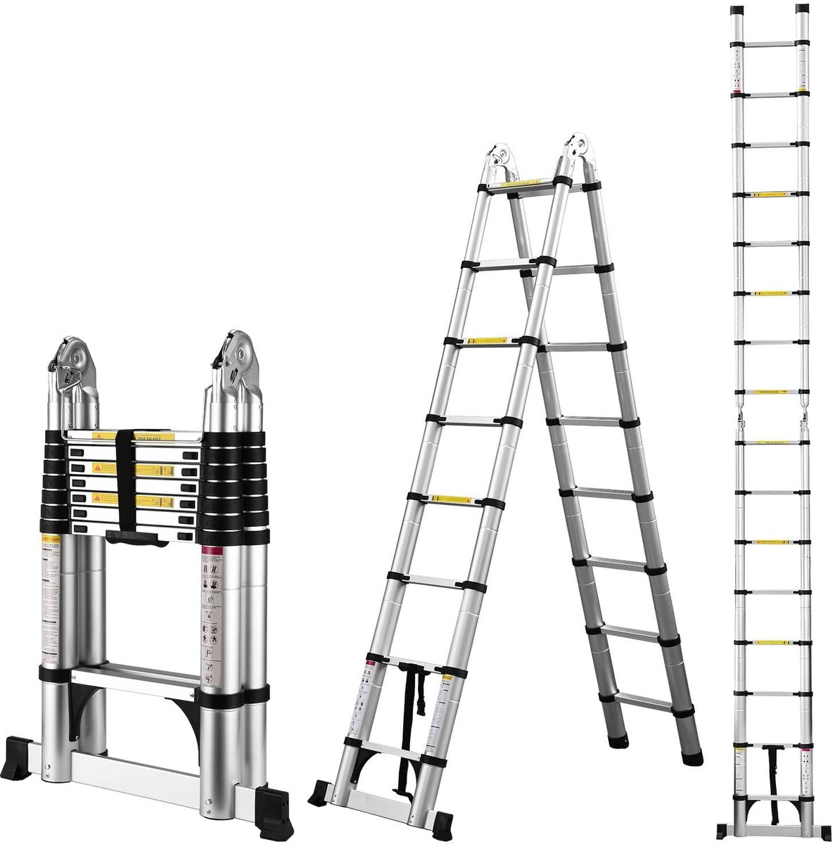 SnelShoppen - Telescopische ladder, 2-in-1 vouwladder, multifunctionele aluminium ladder, 150 kg belastbaarheid, 16 sporten, voor binnen en buiten geb