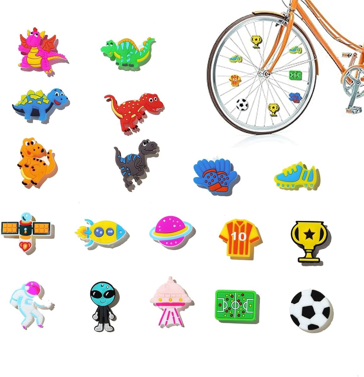 Kleurrijke spaakdecoraties voor jongensfietsen, 18 clips met voetbal-, alien- en dinosaurusmotieven, leuk fietsaccessoire voor kinderen