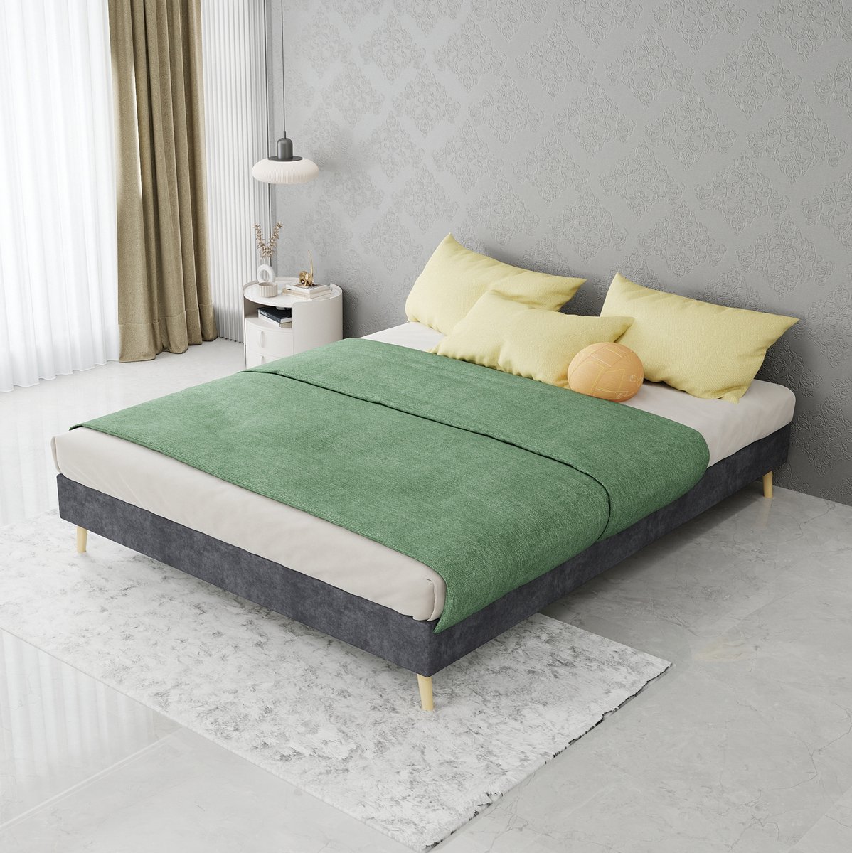 DESMIU Bedframe 140x200 cm – Laag Normaal Bed Met Lattenbodem – Zonder Hoofdbord – Voor Volwassenen – Stof En Metaal – Grijs – Zonder Matras