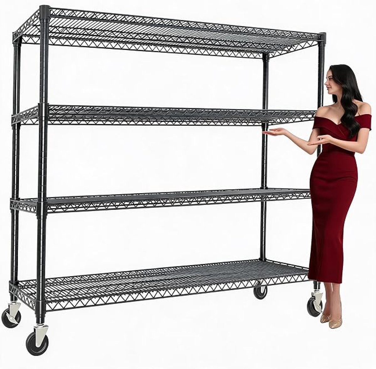 Metalen stelling met wielen 4-laags - Zware belasting 1197 kg - Verstelbare draadplanken voor garage en voorraad
