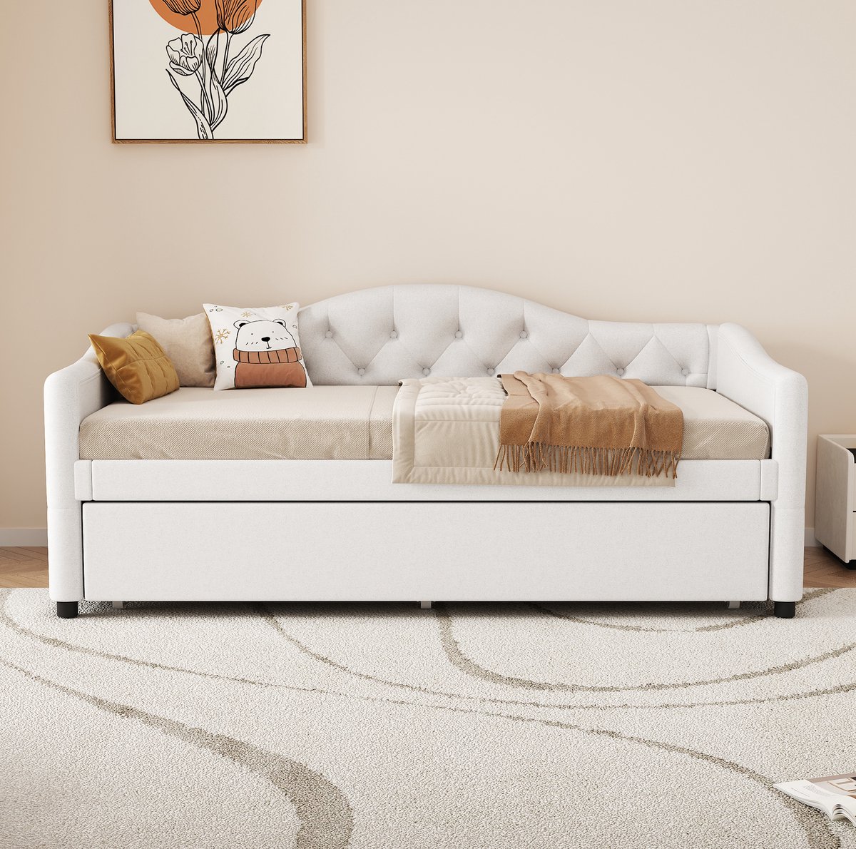 DESMIU Slaapbank 90x200 cm Zonder Matras - Uitziehbaar Bed Met Extra Slaapplaats - Voor Woonkamer En Slaapkamer - Linnen En MDF - Beige