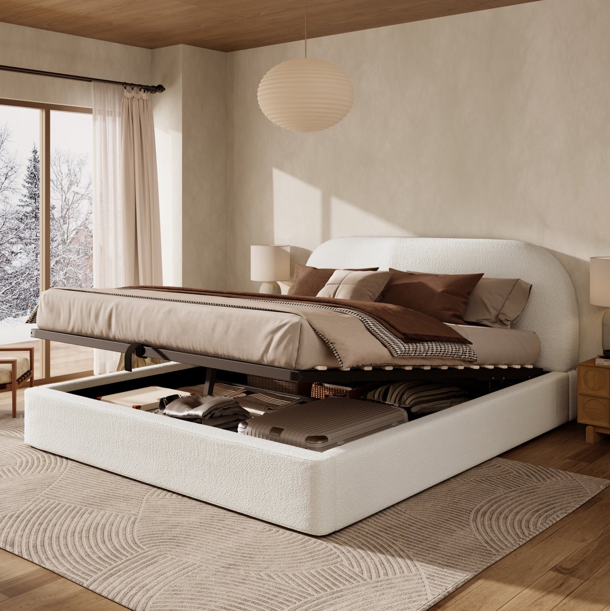 DESMIU Gestoffeerd Bed 160x200 cm – Hydraulische Opbergruimte – Met Hoofdbord En Lattenbodem – Tweepersoonsbed – Bouclé Stof – Beige – Zonder Matras
