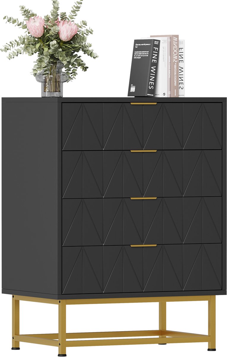 Modern 4-Lades Dressoir - Commode - Houten Opbergkast met Gouden Metalen Poten - Anti-kantelbeveiliging - Voor Slaapkamer, Woonkamer en Gang - Zwart