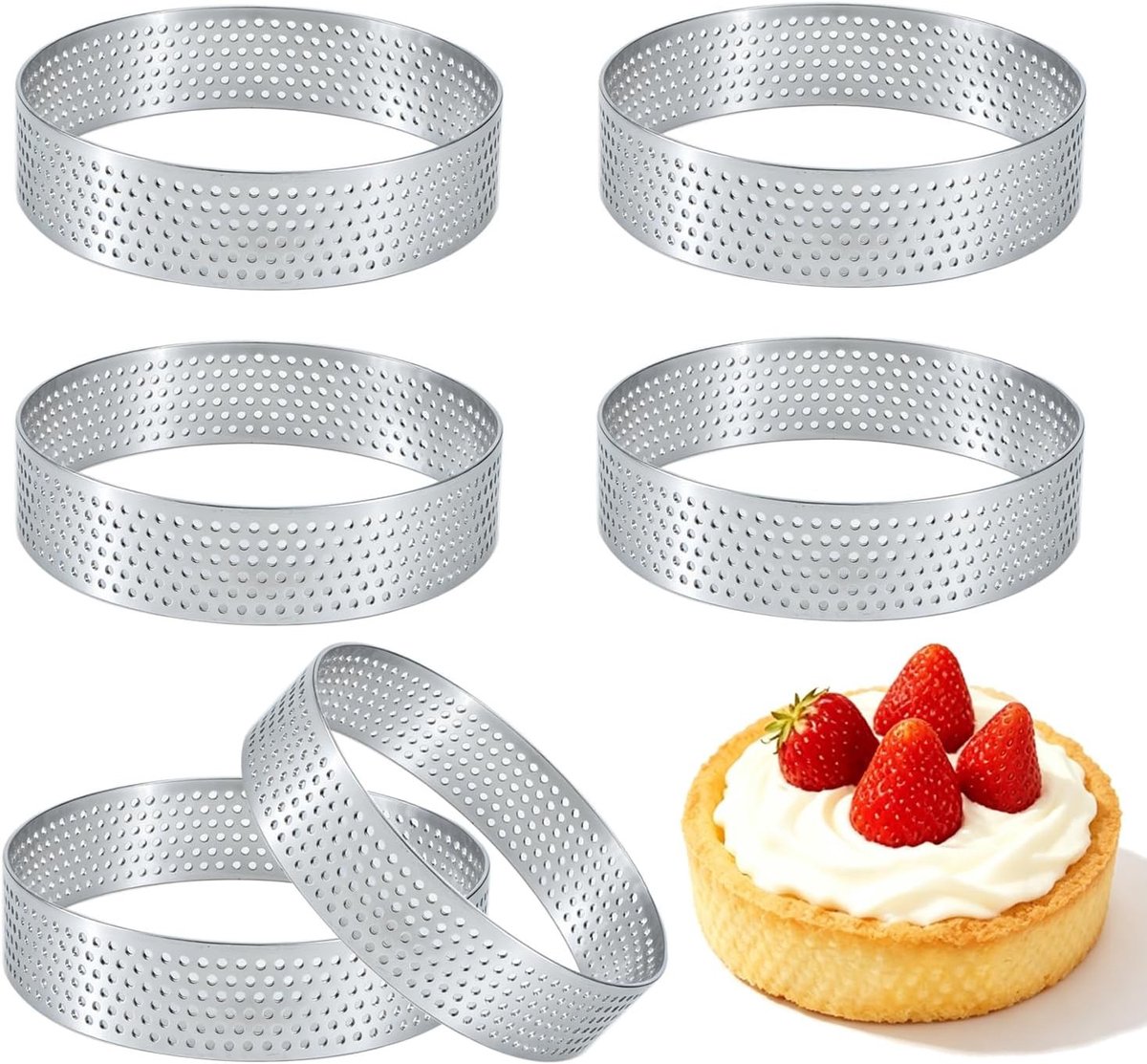 Set van 6 roestvrijstalen tartelette-vormpjes Ø 8 cm voor taarten, gebak en mini-pizza's
