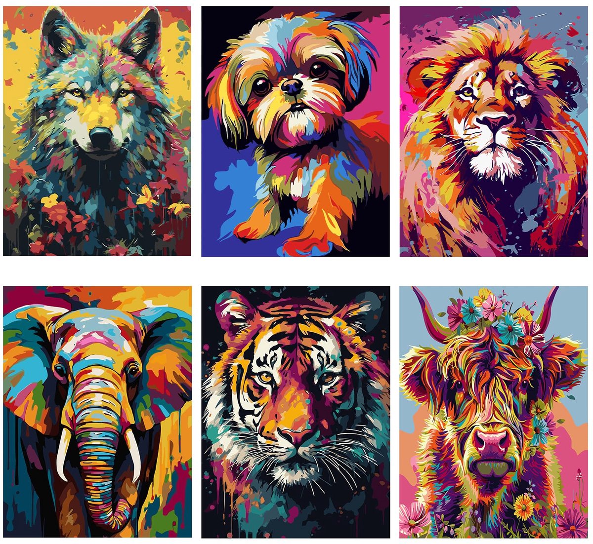 SnelShoppen - 6 stuks schilderen op nummer dieren voor volwassenen en kinderen, digitaal schilderen op nummers met penselen en acrylverf, 30 x 40 cm,