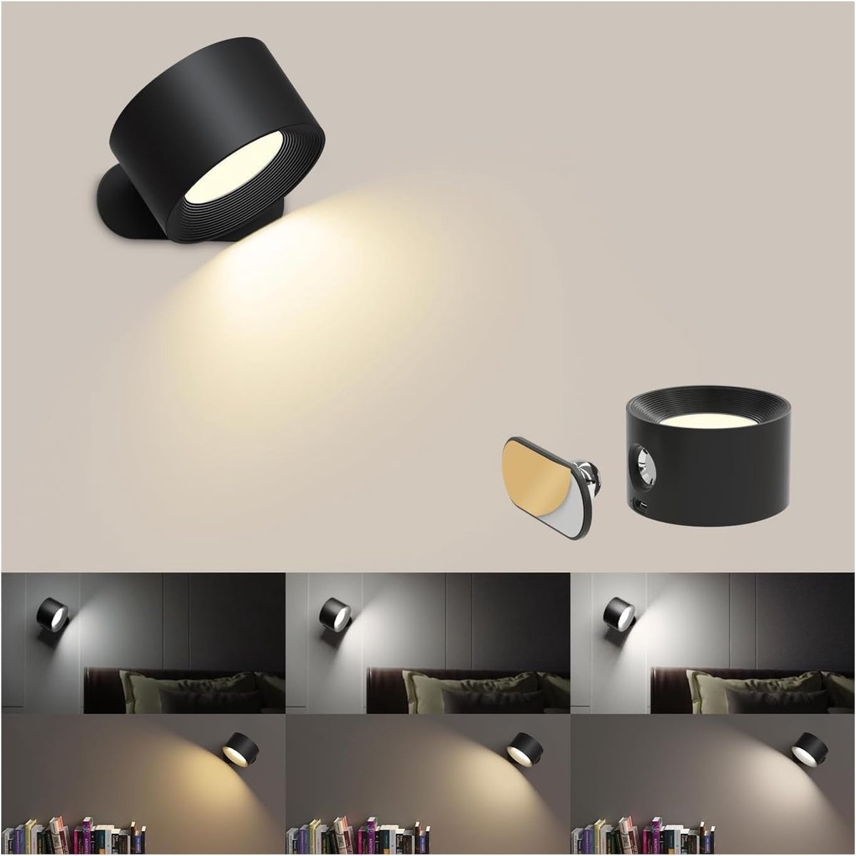 Oneay Wandgemonteerde LED-leeslamp met drie kleurtemperatuurinstellingen en drie helderheidsniveaus; werkt op batterijen en is geschikt voor thuiskantoren, nachtkastjes en slaapkamers.