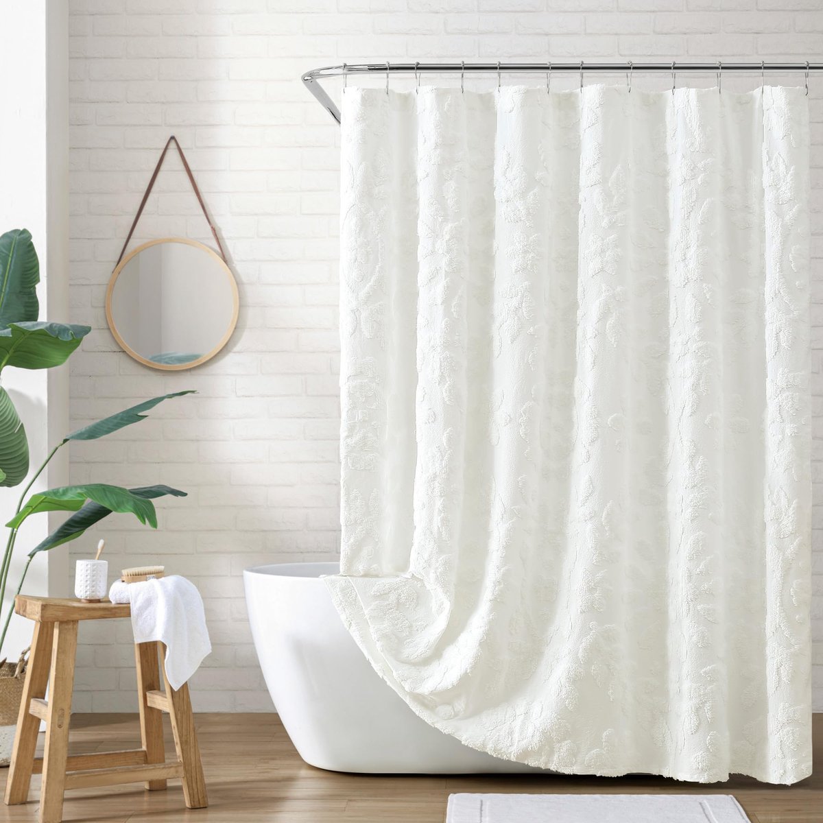 SnelShoppen - Douchegordijn 100% Katoen, 182,9 x 182,9 cm, Witte Chenille Laurier voor Badkamer, Waterdicht, Stijlvol en Functioneel