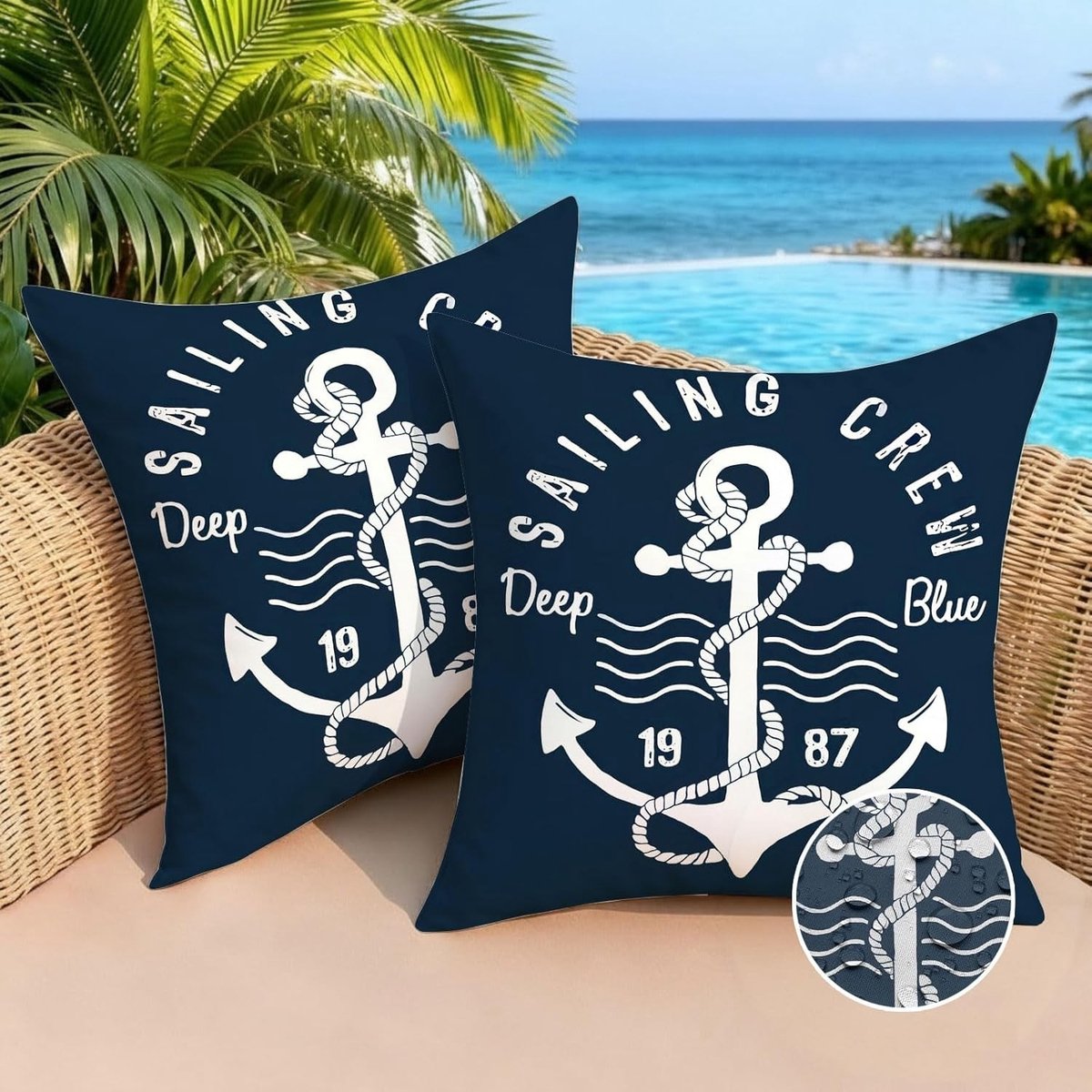 Set van 2 Weerbestendige Kussenhoezen 45 x 45 cm in Blauw met Maritiem Ankerdesign - Decoratieve Kussenhoezen voor Tuin en Buitengebruik