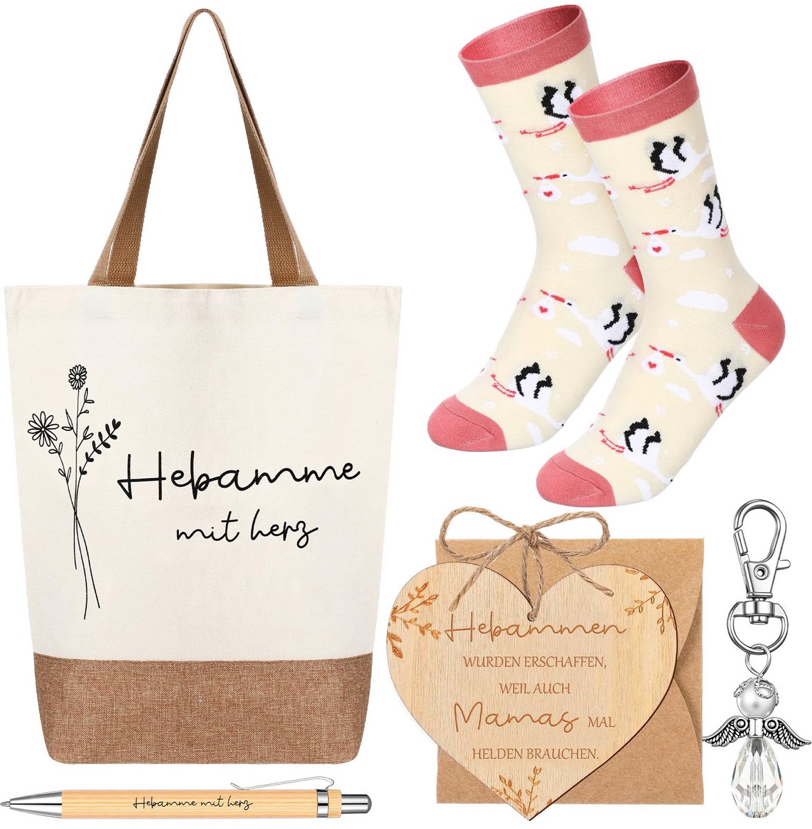 SnelShoppen - Set van 5 Verloskundigen Bedankjes - Jute Tas, Katoenen Sleutelhanger, Beschermengel, Grappige Sokken, Houten Stift met Hart - Perfect v