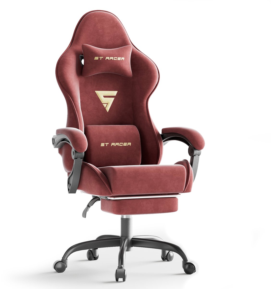 Arvioo-Gaming Stoel-Fluweel-Voetensteun-Massage Lendenkussen-Rood