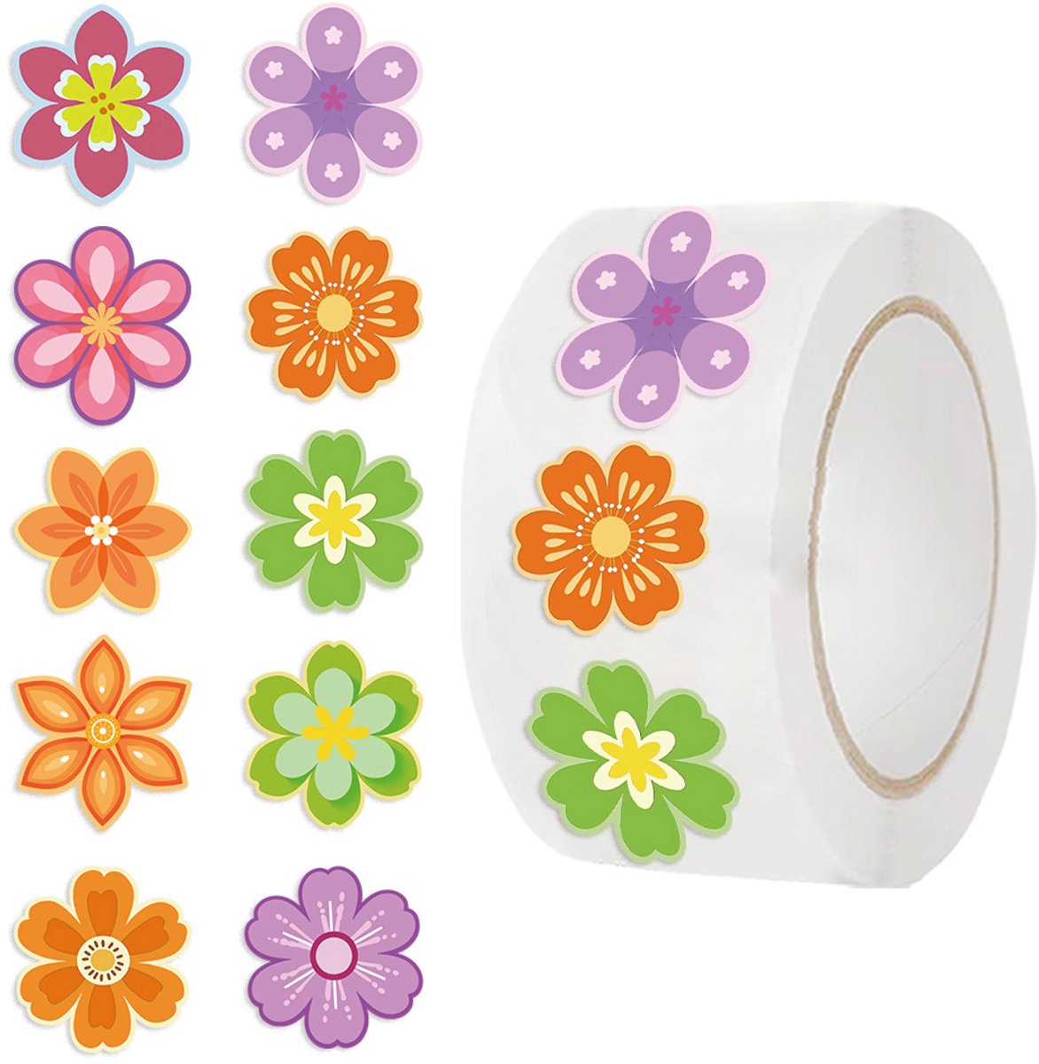 1 rol bloemenstickers - 500 stuks - 10 ontwerpen - Zelfklevend - Voor waterflessen, laptops, notebooks, koffers, snowboards, gitaren, scrapbooks en telefoons - Ook als partygift - Kleurrijk