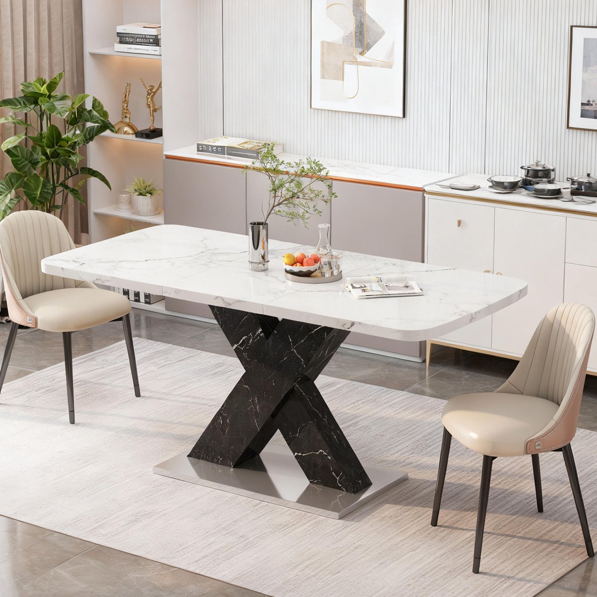 REDOM - Eettafel - Uitschuifbaar - Rechthoek - X-poot met metalen basis - Moderne stijl - Woonkamer - MDF en staal - Wit en zwart - 160 x 80 x 76,5 cm