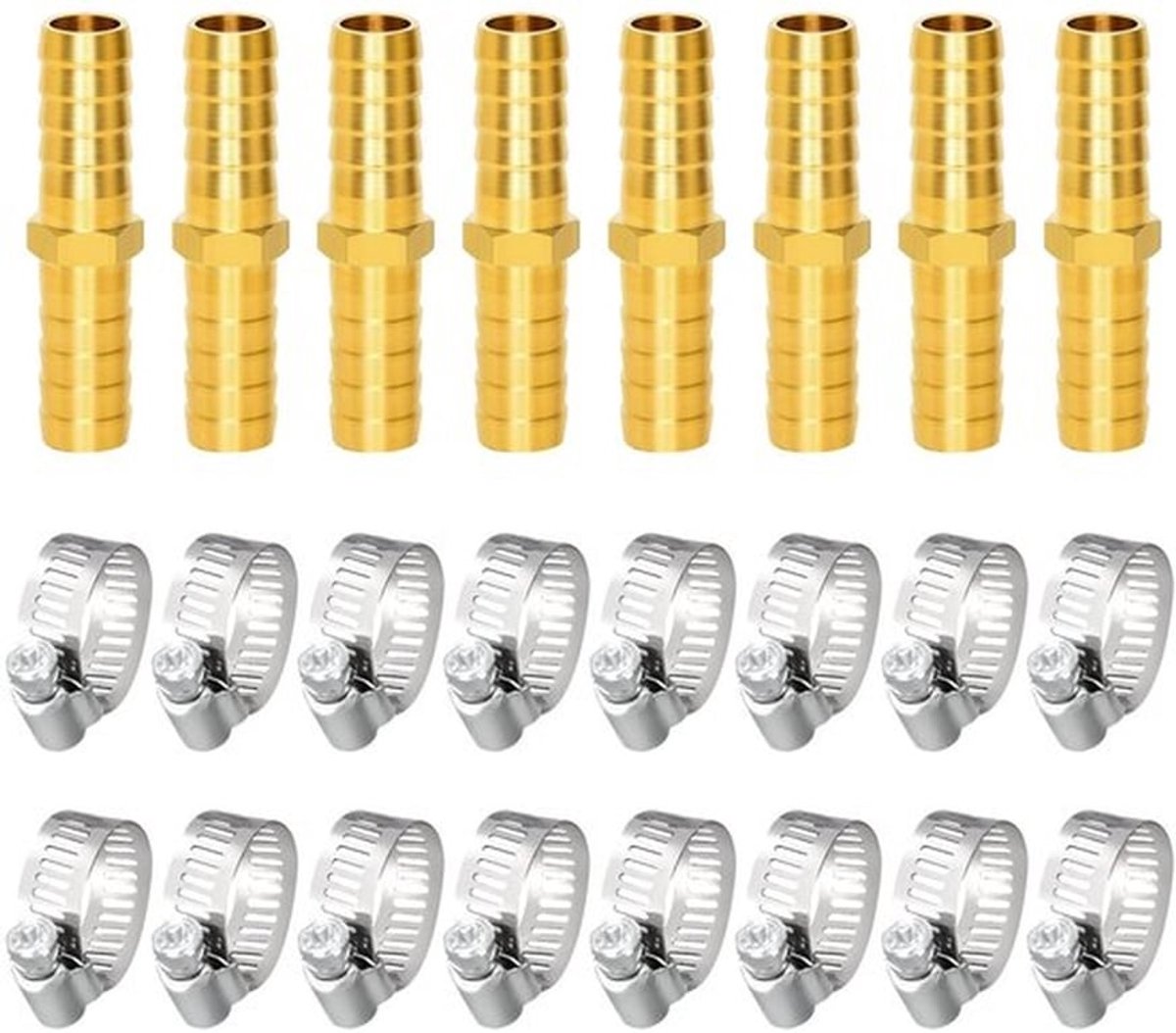 Afvoerhalsverbinder Set - 8 Stuks - Messing Slangkoppelingen - 16 Roestvrij Stalen Slangklemmen - 10 mm - Duurzaam en Lichtgewicht - Slangstuk