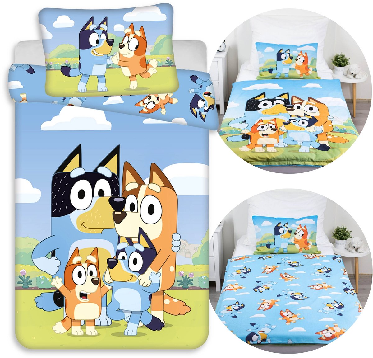 Bluey Blauw, DUBBELZIJDIG, katoenen kinderbeddengoed met rits, 100% KATOEN 100x135cm+40x60cm OEKO-TEX
