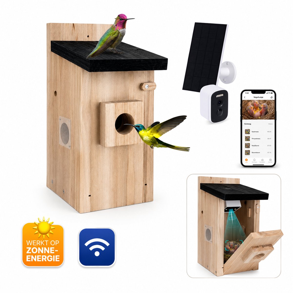 Jurrys Vogelhuisje - Vogel Voederhuisje - Met camera - HD nachtzicht - Vogelherkenning - Zonnepaneel - Wifi - Vogelvriendelijk - Hout