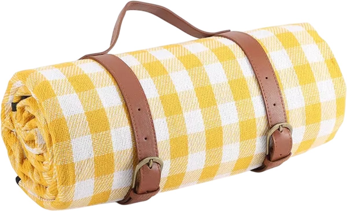 Picknickdeken Waterdicht Buiten – Opvouwbaar Picknickkleed met Handvat, Campingmat, Strandkleed, Buitendeken en Outdoor Zitmat voor Kamperen - Geel en wit