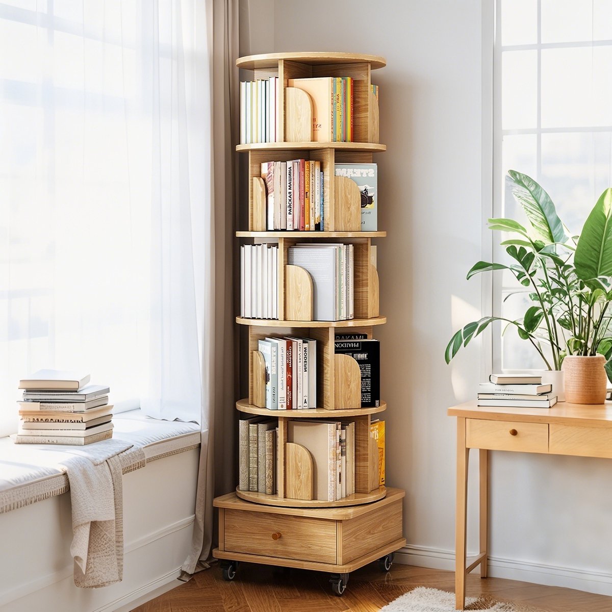 PHOEBE CAT Boekenkast – Vitrinekast – 360° draaibaar – Met wielen – Inclusief lade – Naturel
